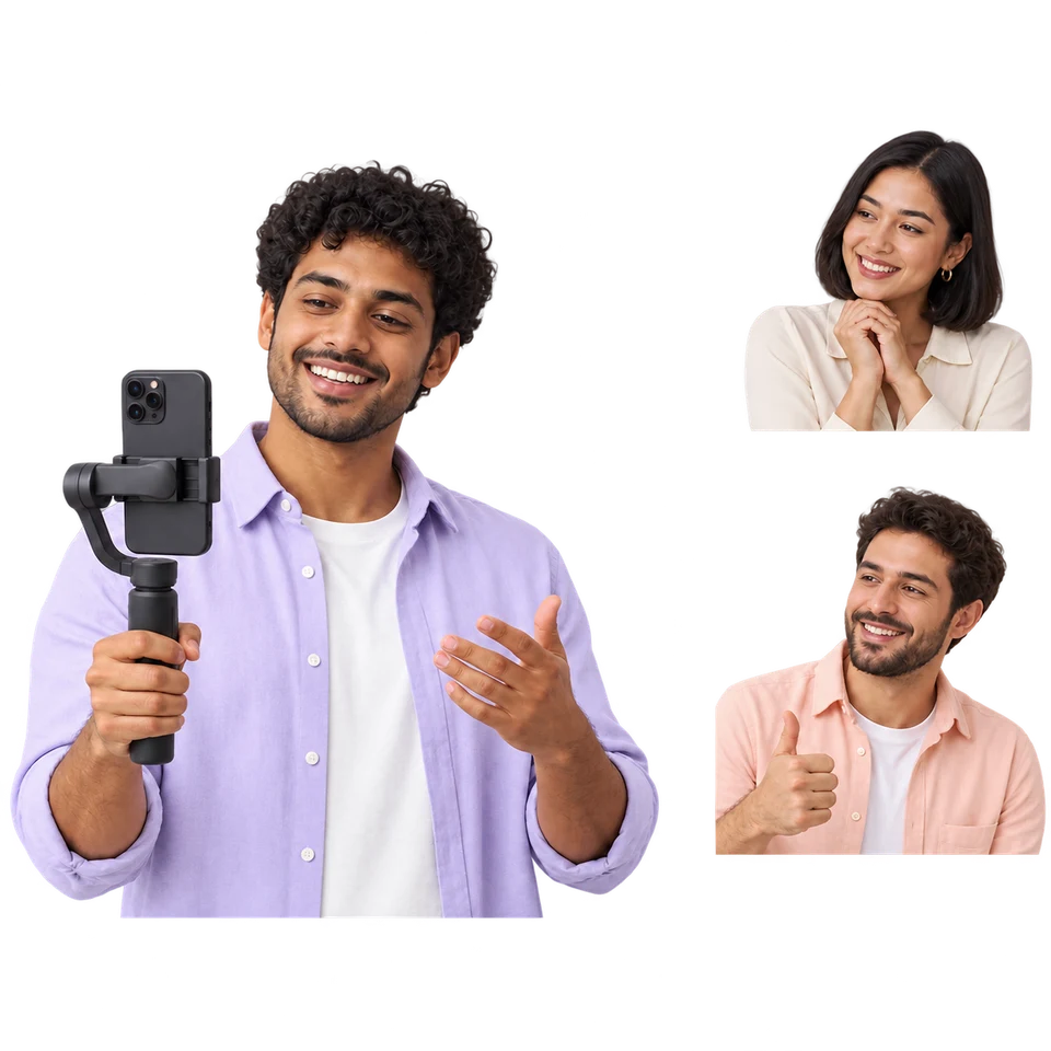 A smiling creator filming himself with a phone on a handheld stabiliser, linked through a follow icon to portraits of a smiling woman and a man giving a thumbs-up, illustrating new Instagram followers