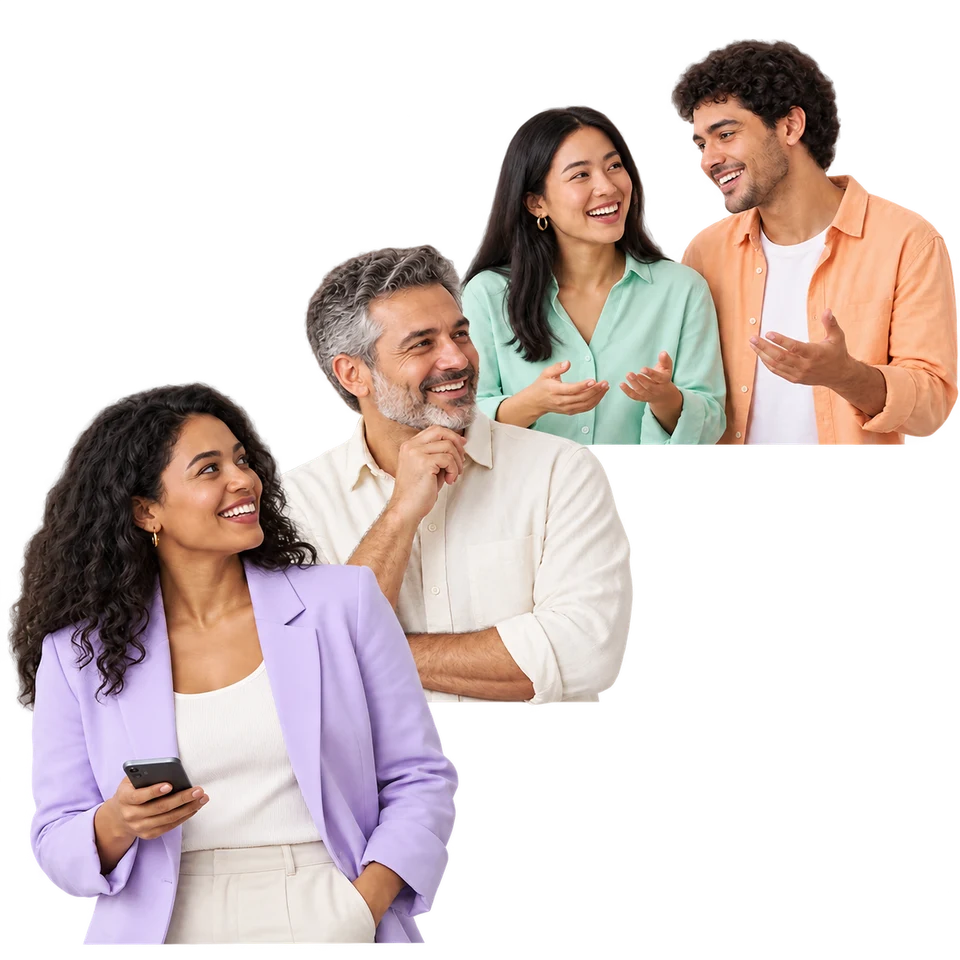 Four smiling people of different ages behind stepped lilac, peach and mint blocks, with dotted lines leading to a follow icon, illustrating TikTok followers