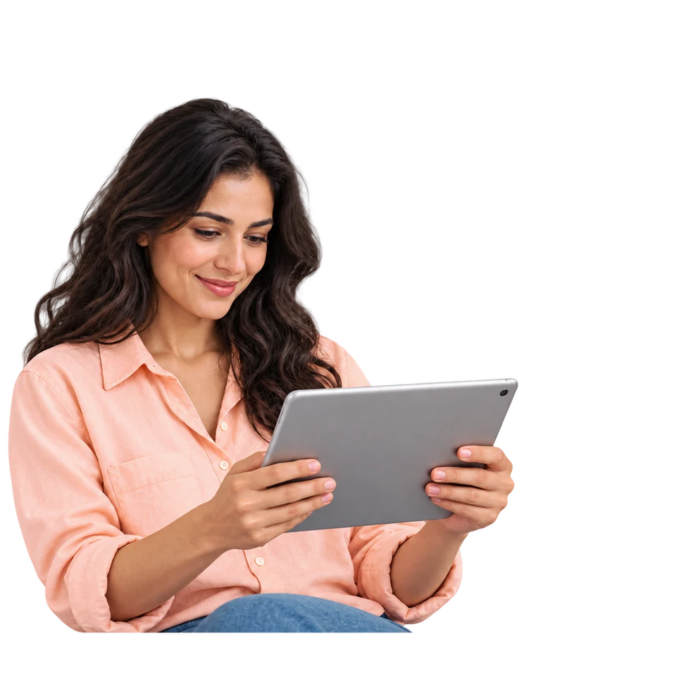 A woman watching a tablet beside a large video player with a play button, a progress bar and an eye badge, illustrating YouTube views