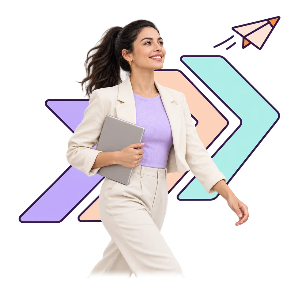 A woman striding forward with a tablet under her arm in front of three large forward-pointing chevrons, with a paper plane flying ahead of her, for steady profile growth