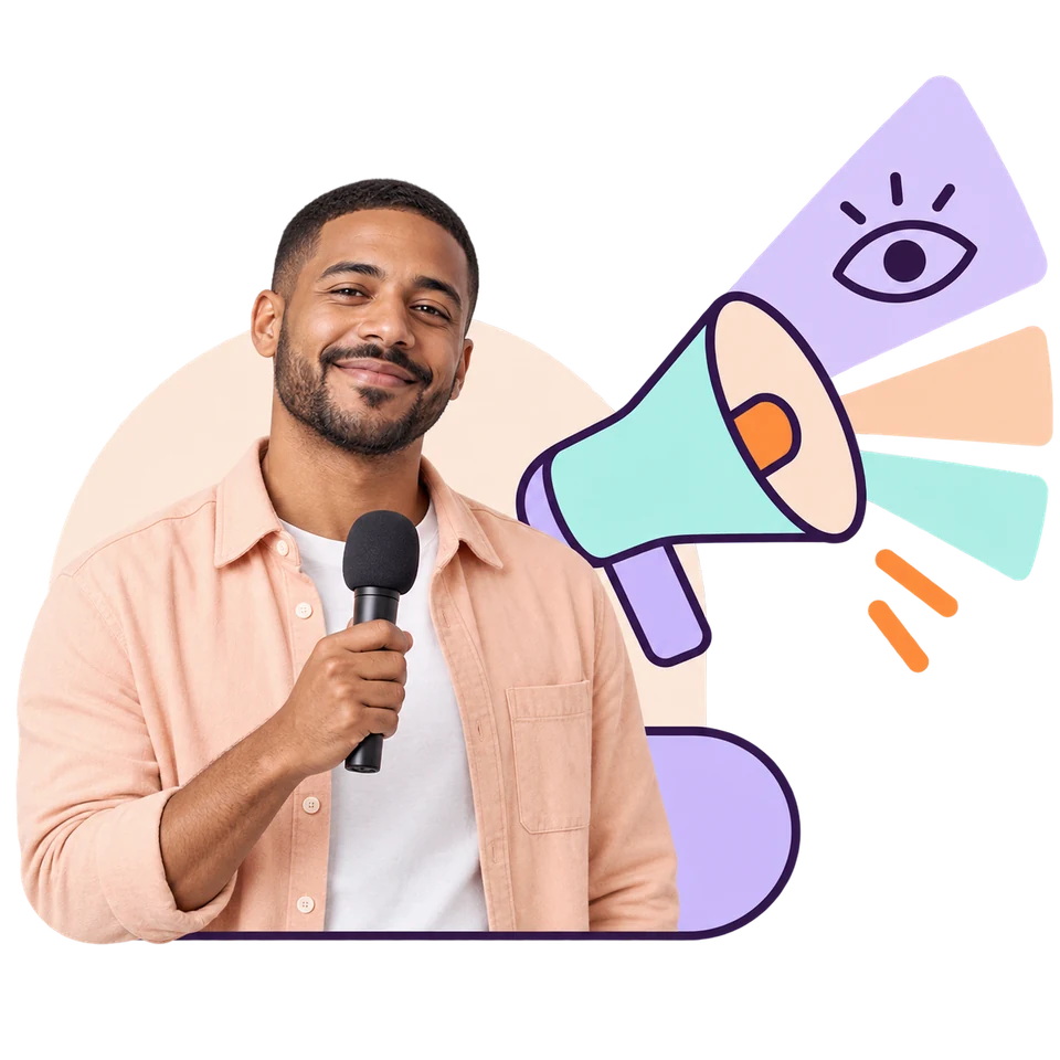A smiling man holding a microphone beside a megaphone that sends out lilac, peach and mint beams, with an eye on the top one, for posts that get noticed