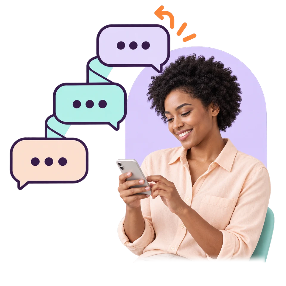 A smiling woman typing on her phone beside a chain of three speech bubbles, with a reply arrow above the top one, illustrating Instagram comments