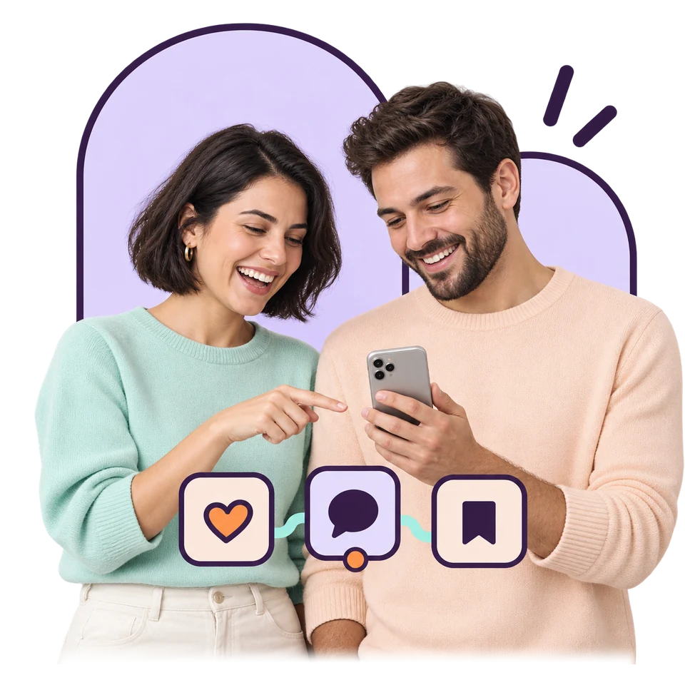 A woman and a man laughing over a phone, above a row of heart, comment and bookmark buttons with the heart lit up, illustrating Instagram likes
