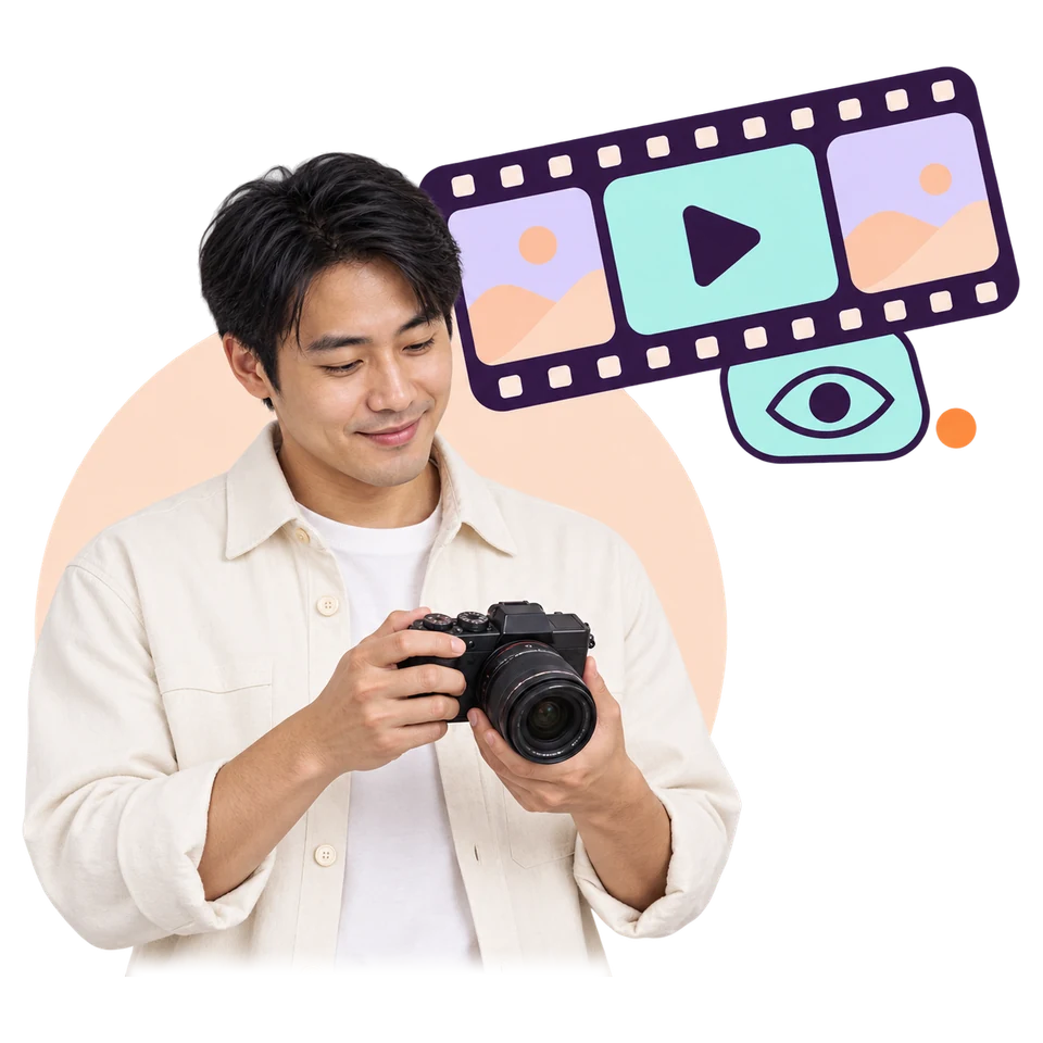 A man looking down at the camera in his hands beside a film strip with a play button and an eye badge, illustrating Instagram views