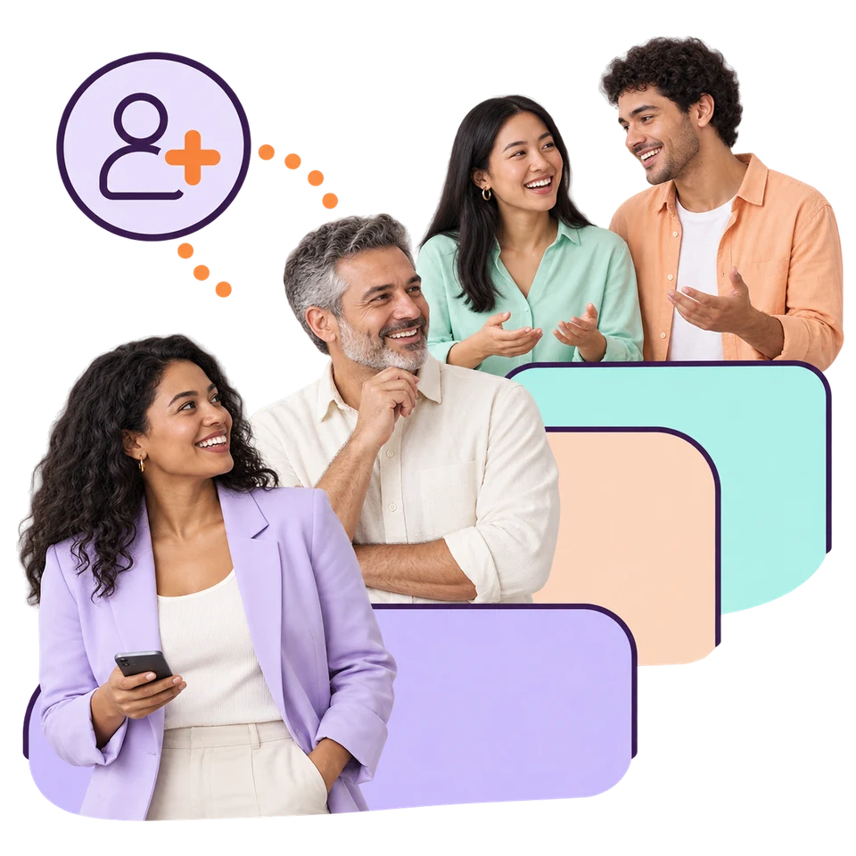 Four smiling people of different ages behind stepped lilac, peach and mint blocks, with dotted lines leading to a follow icon, illustrating TikTok followers
