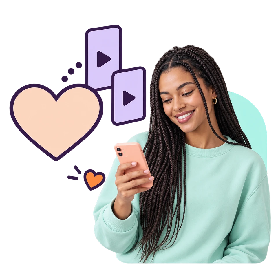 A woman with long braids smiling at her phone beside a large heart, two vertical video cards and a small orange heart, illustrating TikTok likes