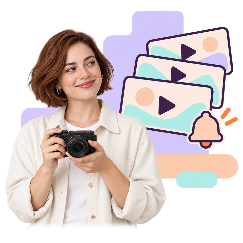 A woman holding a camera beside a stack of three video cards with a notification bell at the corner, illustrating YouTube subscribers